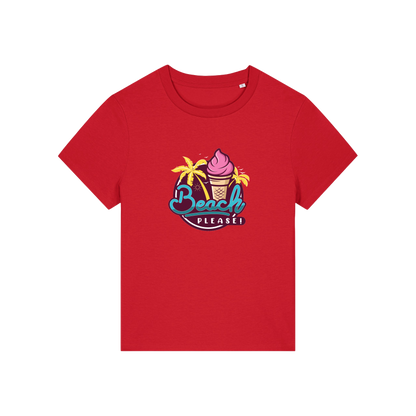 red graphic t-shirt with an ice cream and palm trees and the slogan 'beach please'