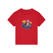 red graphic t-shirt with an ice cream and palm trees and the slogan 'beach please'