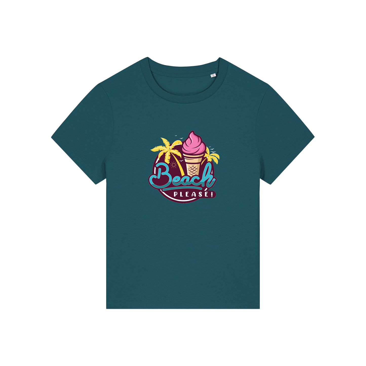 teal graphic t-shirt with an ice cream and palm trees and the slogan 'beach please'