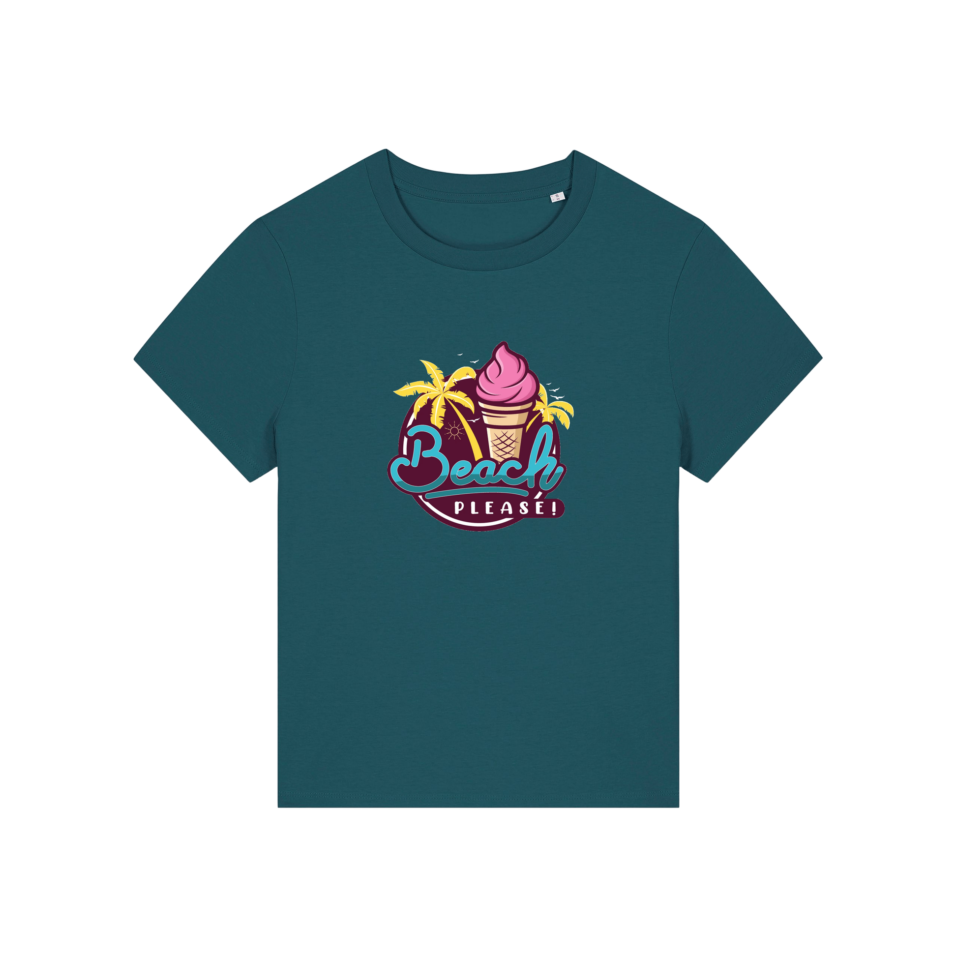 teal graphic t-shirt with an ice cream and palm trees and the slogan 'beach please'