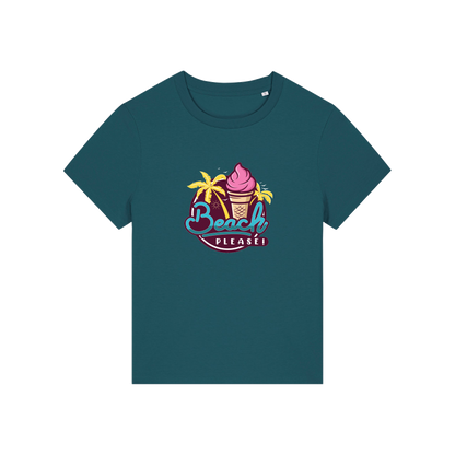 teal graphic t-shirt with an ice cream and palm trees and the slogan 'beach please'