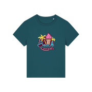 teal graphic t-shirt with an ice cream and palm trees and the slogan 'beach please'