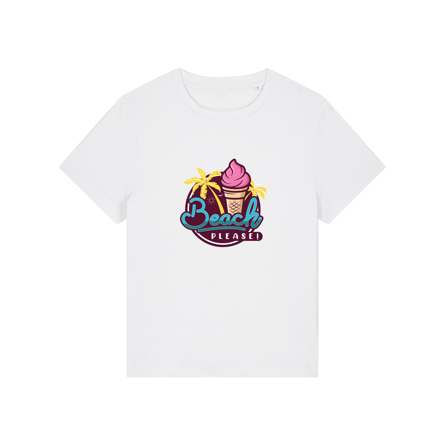 white graphic t-shirt with an ice cream and palm trees and the slogan 'beach please'