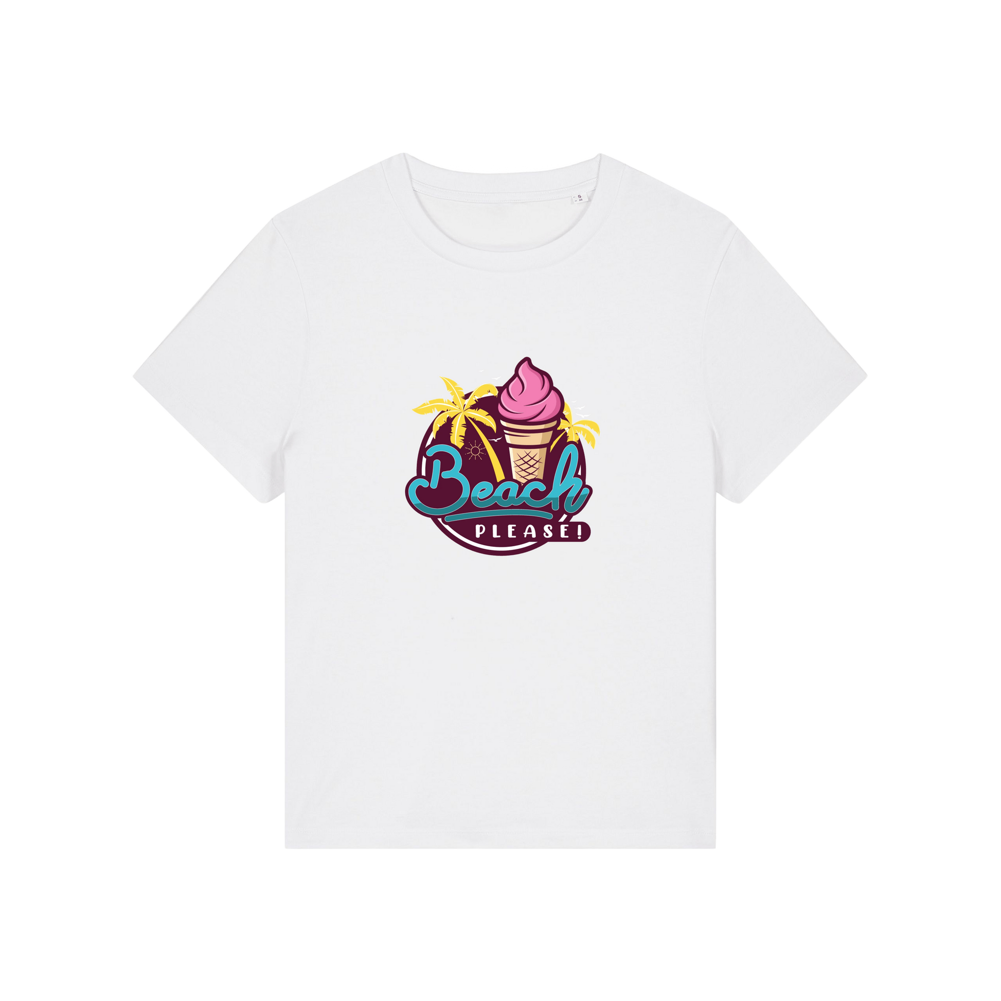 white graphic t-shirt with an ice cream and palm trees and the slogan 'beach please'