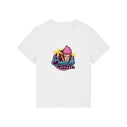 white graphic t-shirt with an ice cream and palm trees and the slogan 'beach please'