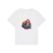 white graphic t-shirt with an ice cream and palm trees and the slogan 'beach please'