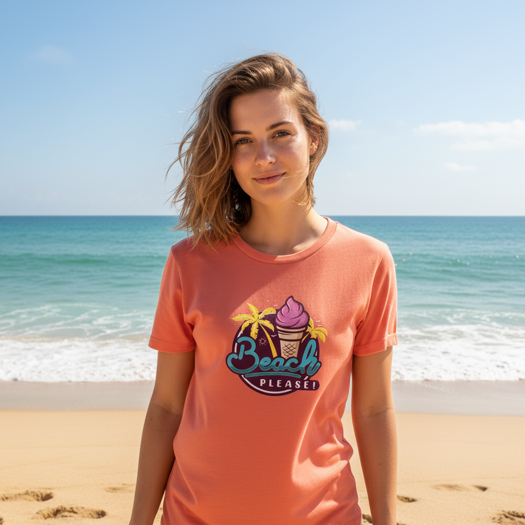 Woman wearing an orange-coloured t-shirt with a beach-themed design on a sandy beach.
