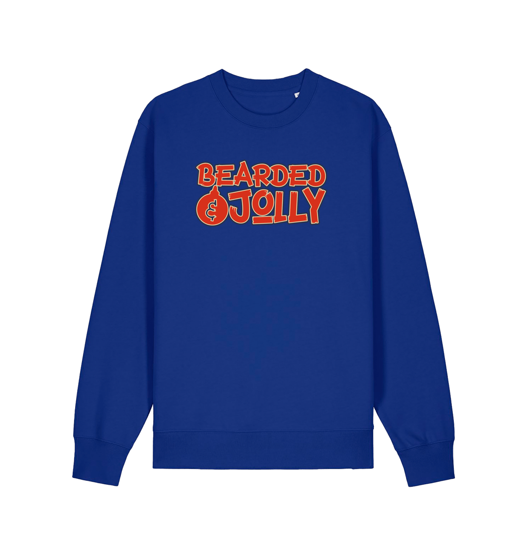 blue christmas sweater with the slogan 'bearded and jolly'