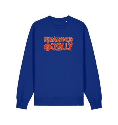 blue christmas sweater with the slogan 'bearded and jolly'