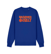 blue christmas sweater with the slogan 'bearded and jolly'