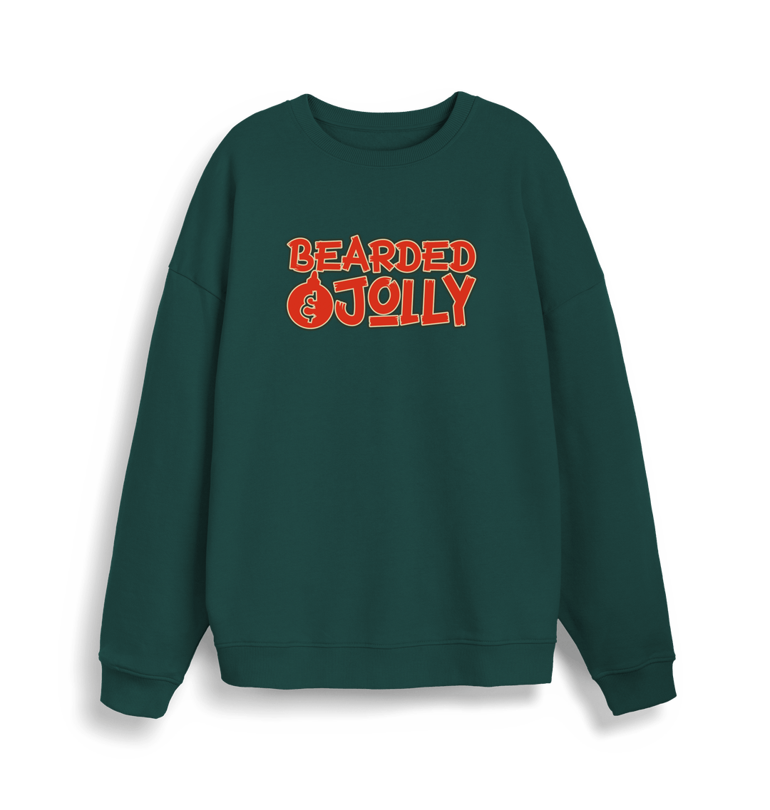 green christmas sweater with the slogan 'bearded and jolly'