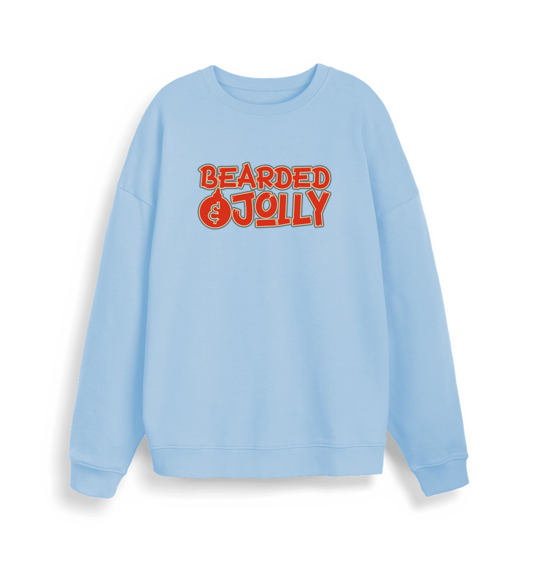 light blue christmas sweater with the slogan 'bearded and jolly'