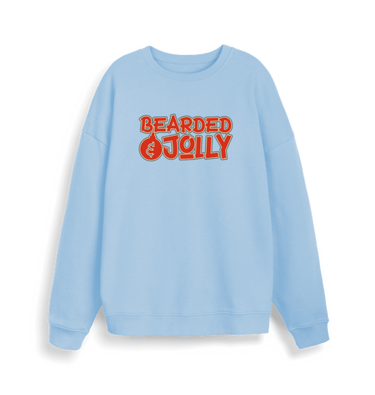 light blue christmas sweater with the slogan 'bearded and jolly'
