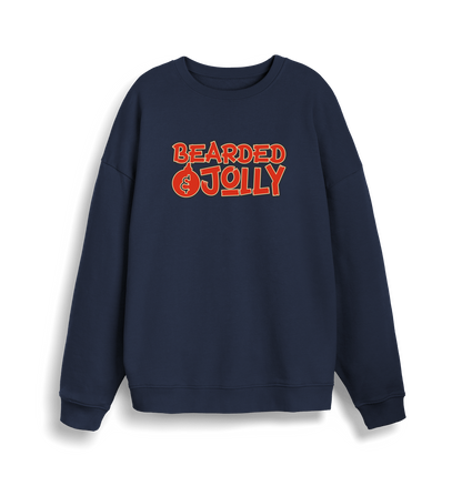 navy christmas sweater with the slogan 'bearded and jolly'