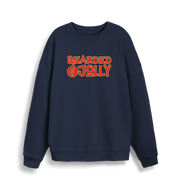 navy christmas sweater with the slogan 'bearded and jolly'