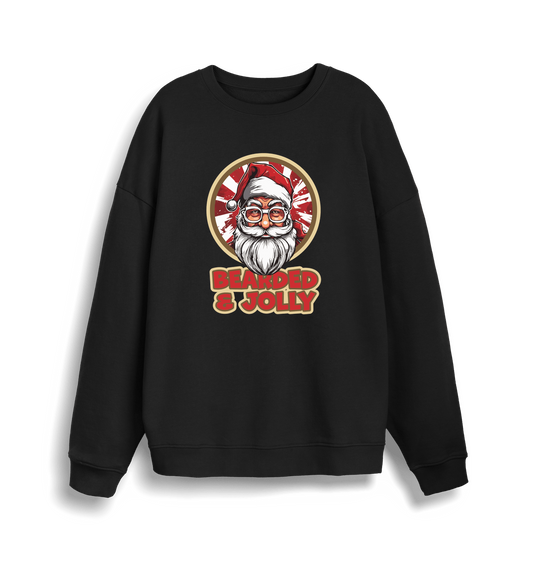 black christmas sweater with the graphic of santa and the slogan 'bearded and jolly'