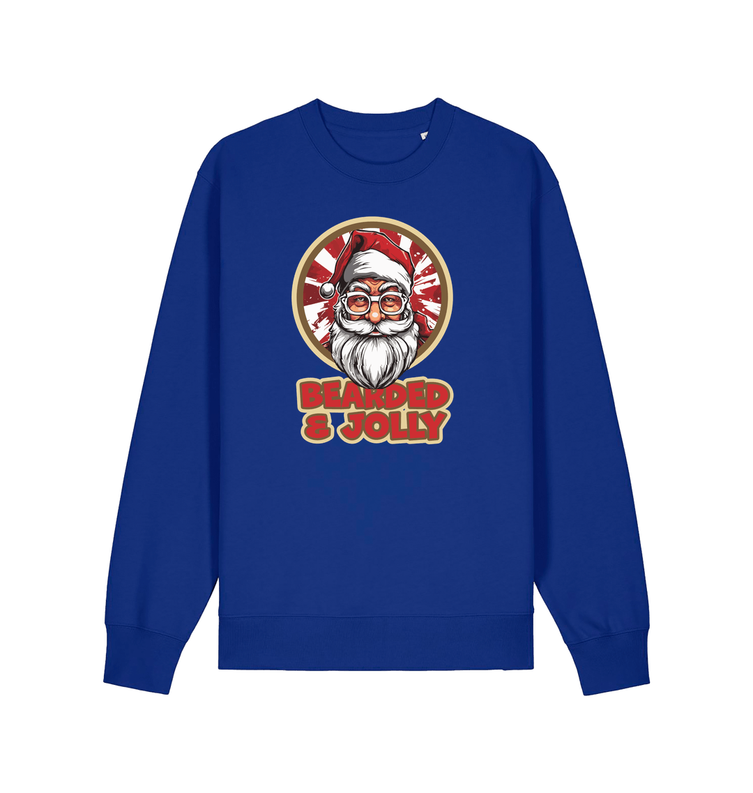 blue christmas sweater with the graphic of santa and the slogan 'bearded and jolly'