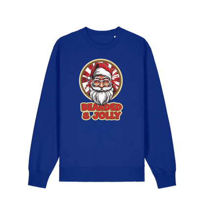 blue christmas sweater with the graphic of santa and the slogan 'bearded and jolly'