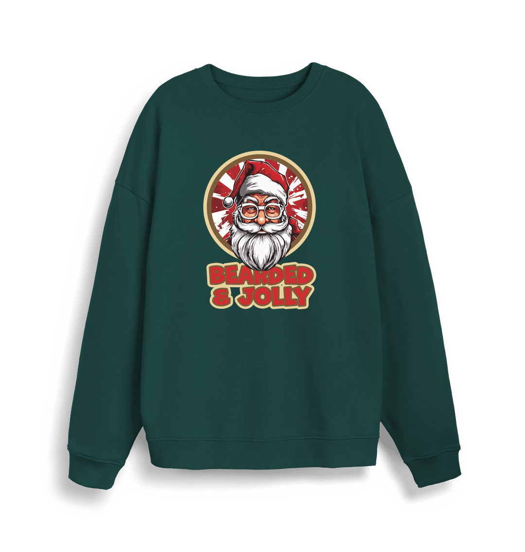 green christmas sweater with the graphic of santa and the slogan 'bearded and jolly'