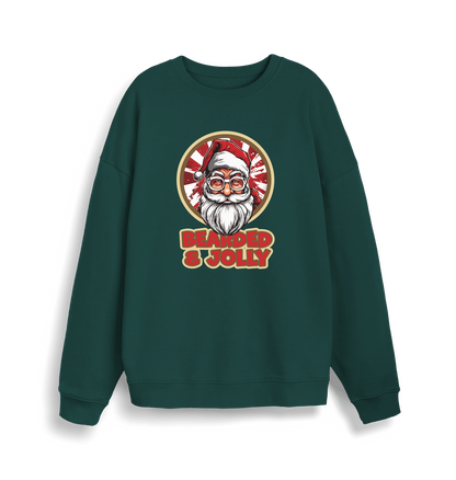green christmas sweater with the graphic of santa and the slogan 'bearded and jolly'