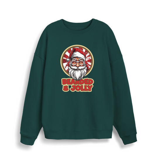 green christmas sweater with the graphic of santa and the slogan 'bearded and jolly'