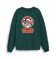 green christmas sweater with the graphic of santa and the slogan 'bearded and jolly'