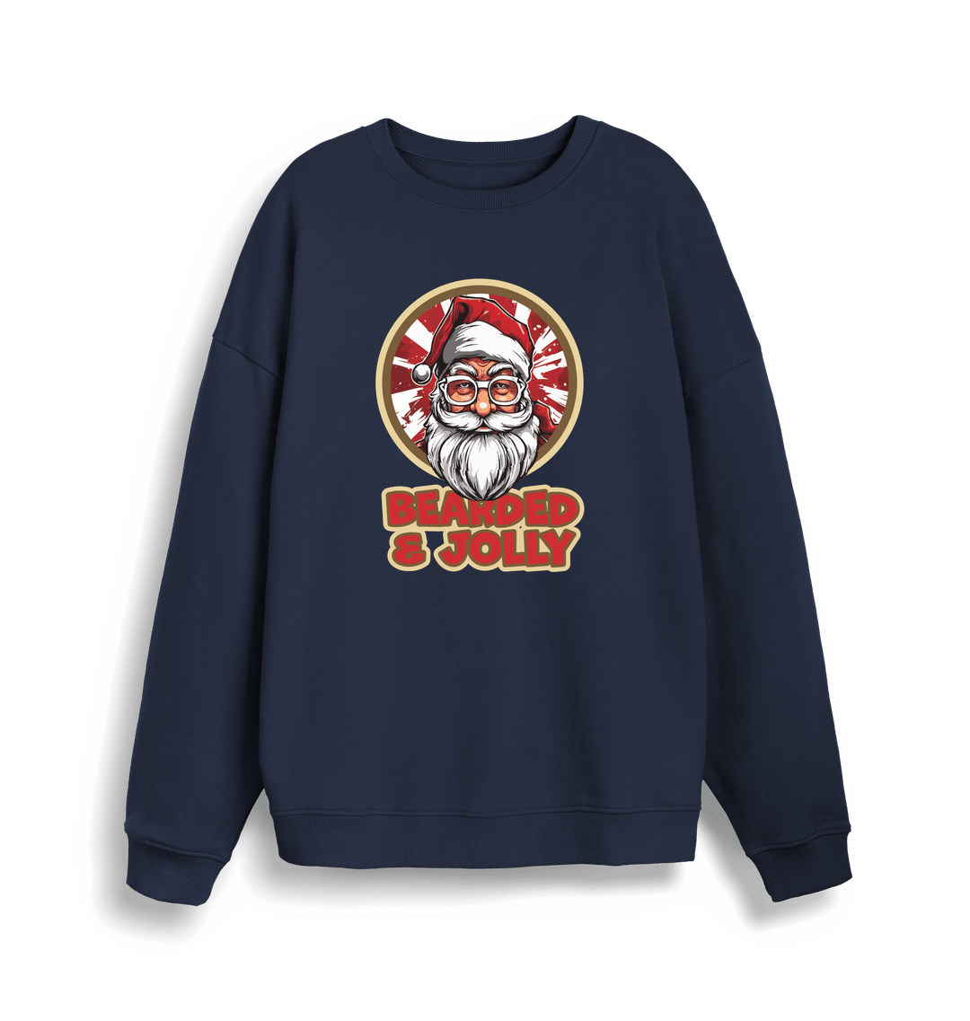 navy christmas sweater with the graphic of santa and the slogan 'bearded and jolly'