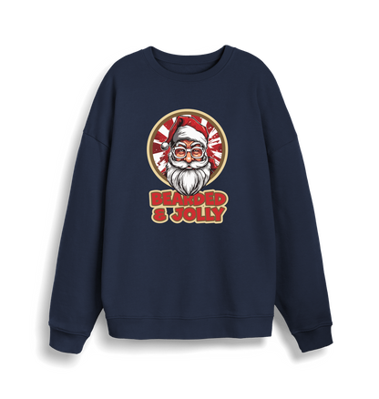 navy christmas sweater with the graphic of santa and the slogan 'bearded and jolly'