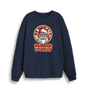 navy christmas sweater with the graphic of santa and the slogan 'bearded and jolly'