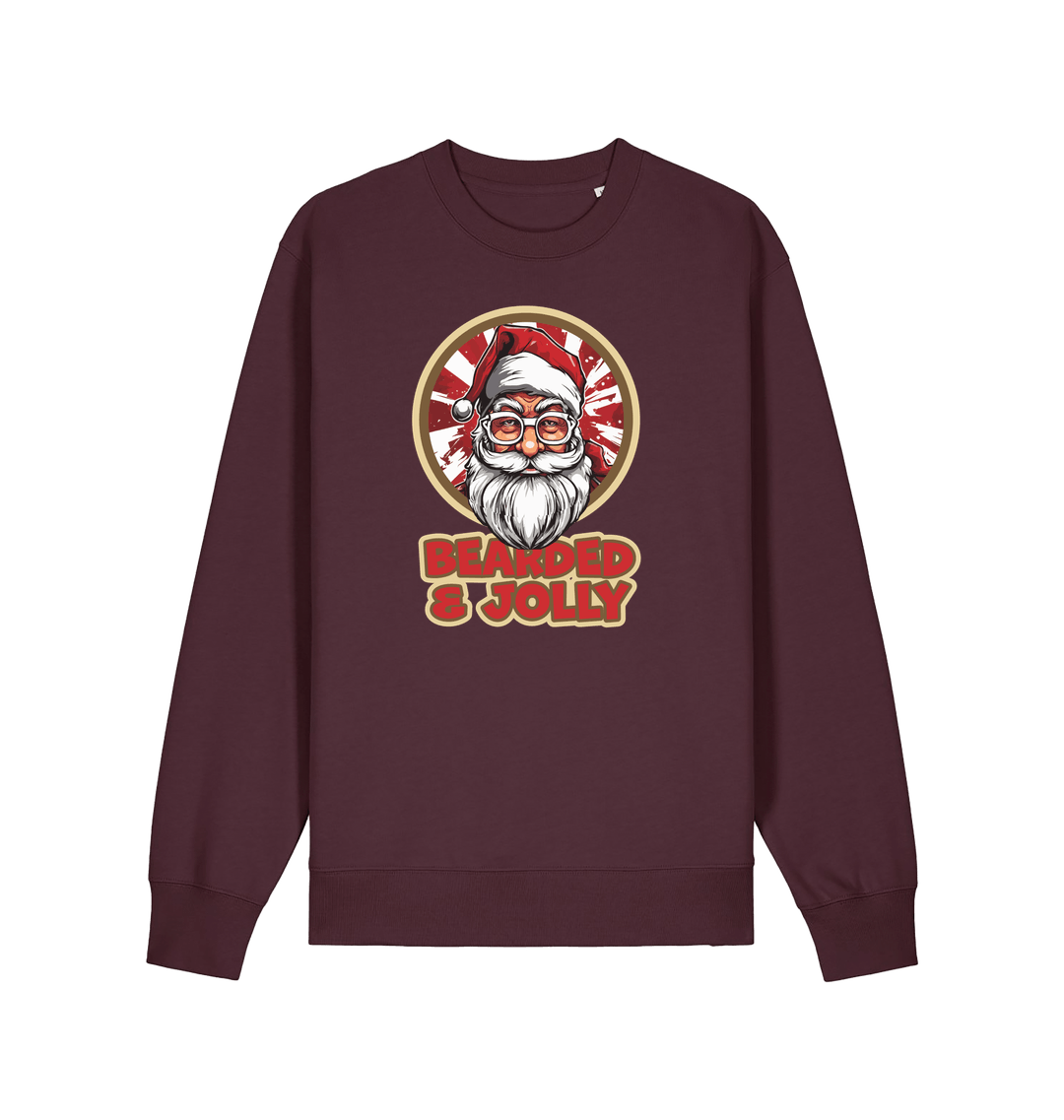 red brown christmas sweater with the graphic of santa and the slogan 'bearded and jolly'