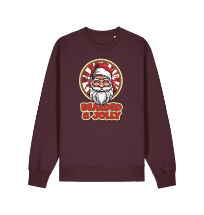 red brown christmas sweater with the graphic of santa and the slogan 'bearded and jolly'