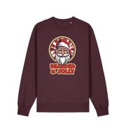 red brown christmas sweater with the graphic of santa and the slogan 'bearded and jolly'