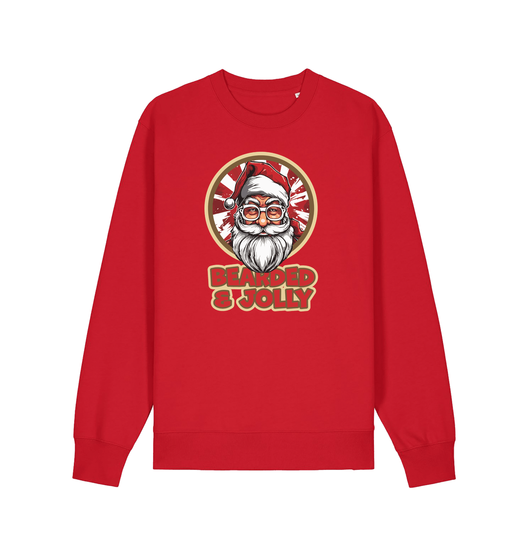 red christmas sweater with the graphic of santa and the slogan 'bearded and jolly'