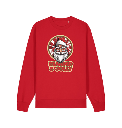 red christmas sweater with the graphic of santa and the slogan 'bearded and jolly'