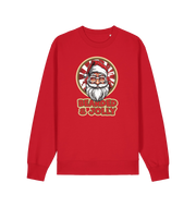 red christmas sweater with the graphic of santa and the slogan 'bearded and jolly'