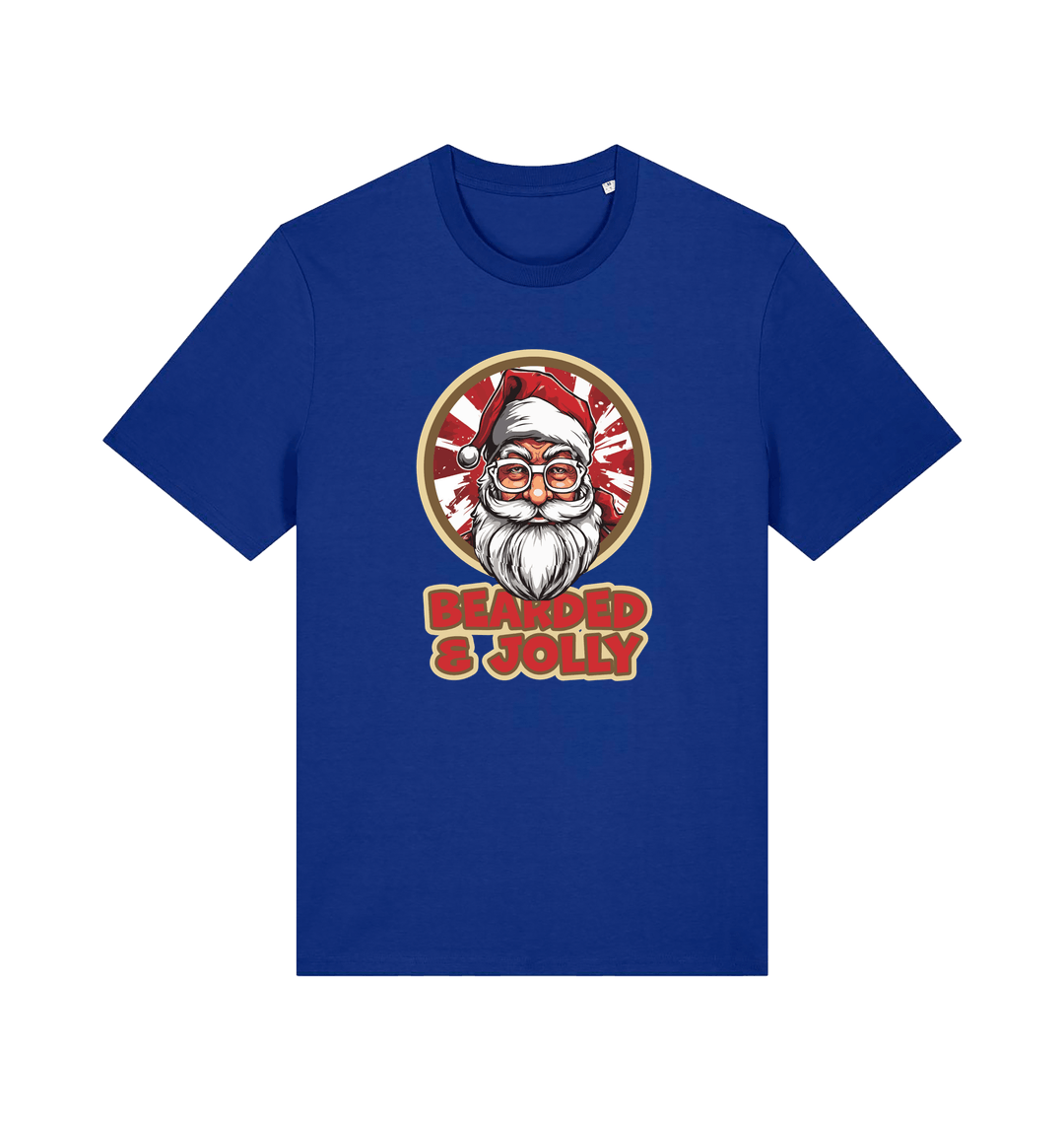 blue christmas t-shirt with a graphic of santa and the text 'bearded and jolly'
