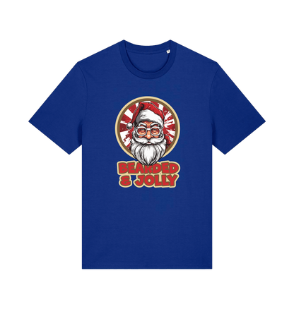 blue christmas t-shirt with a graphic of santa and the text 'bearded and jolly'