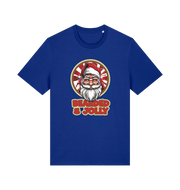 blue christmas t-shirt with a graphic of santa and the text 'bearded and jolly'