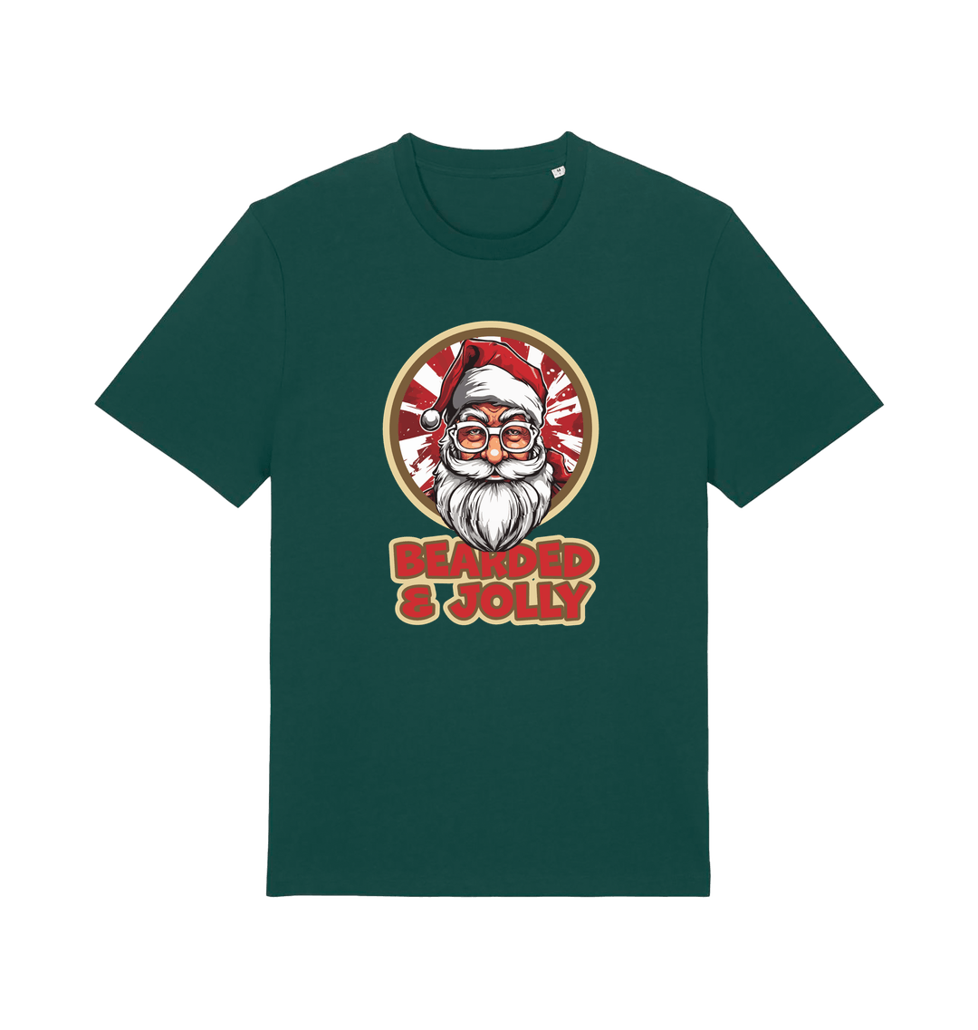 green christmas t-shirt with a graphic of santa and the text 'bearded and jolly'