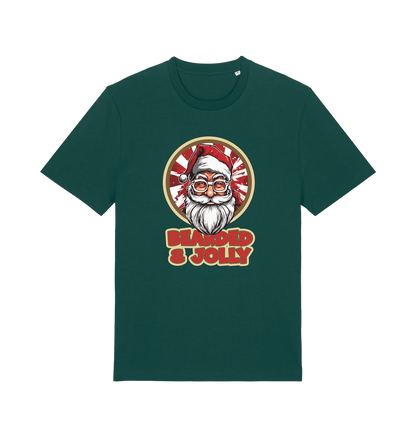 green christmas t-shirt with a graphic of santa and the text 'bearded and jolly'