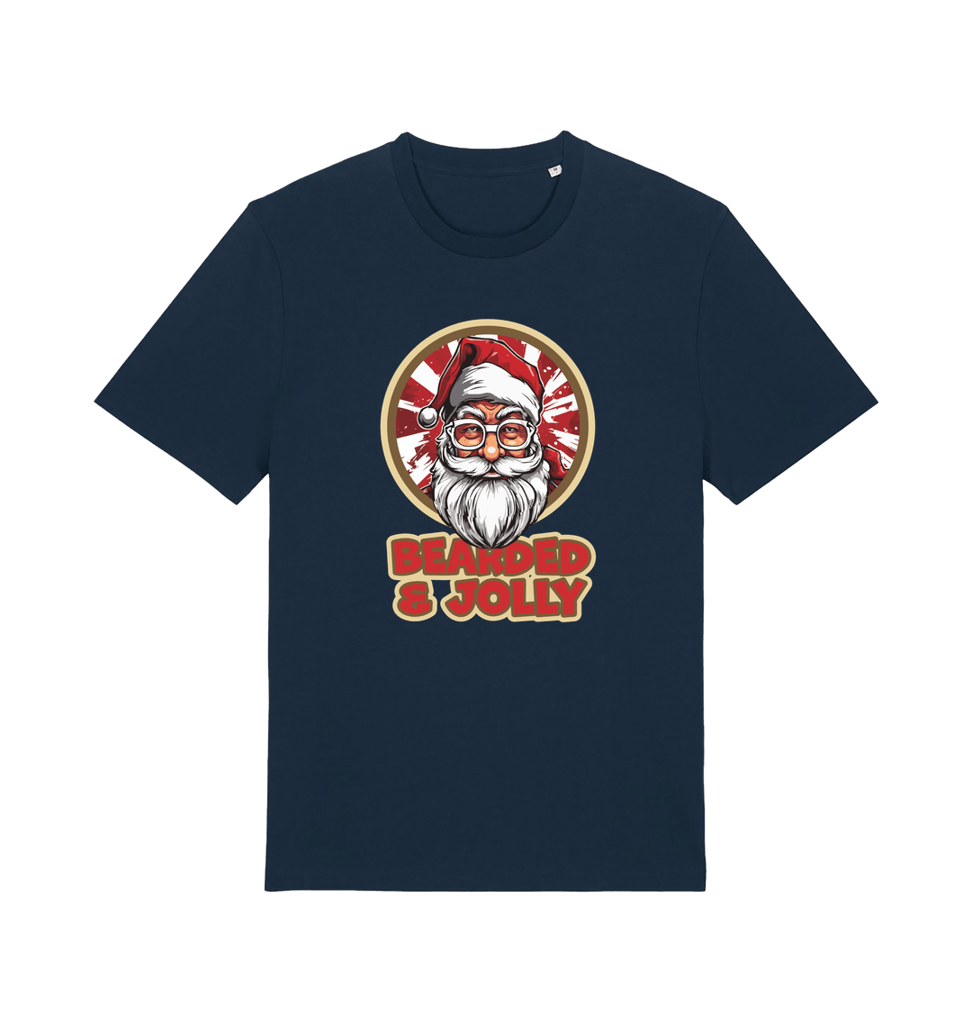 navy christmas t-shirt with a graphic of santa and the text 'bearded and jolly'