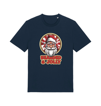 navy christmas t-shirt with a graphic of santa and the text 'bearded and jolly'