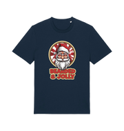 navy christmas t-shirt with a graphic of santa and the text 'bearded and jolly'