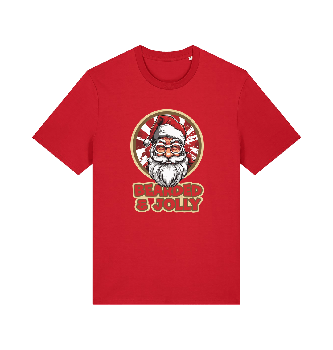 red christmas t-shirt with a graphic of santa and the text 'bearded and jolly'