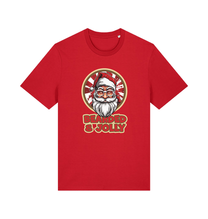 red christmas t-shirt with a graphic of santa and the text 'bearded and jolly'