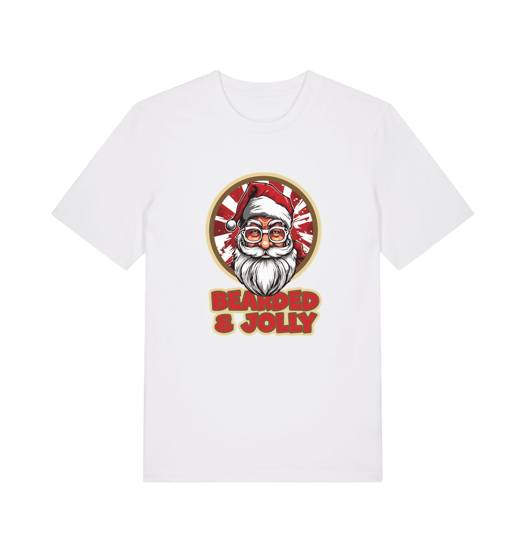 white christmas t-shirt with a graphic of santa and the text 'bearded and jolly'