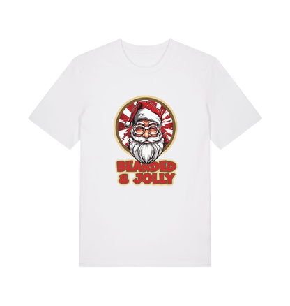 white christmas t-shirt with a graphic of santa and the text 'bearded and jolly'