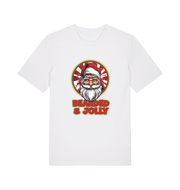 white christmas t-shirt with a graphic of santa and the text 'bearded and jolly'