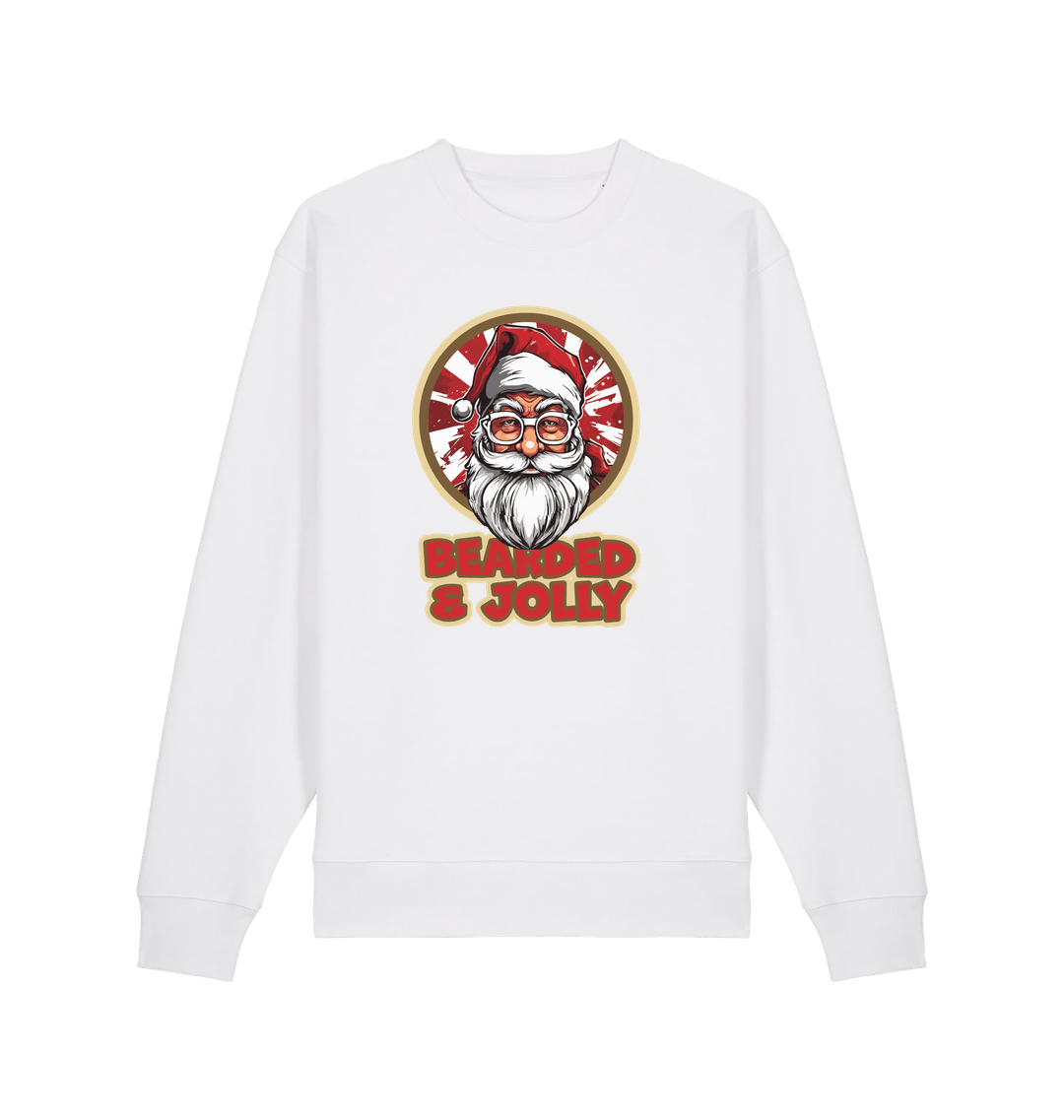 white christmas sweater with the graphic of santa and the slogan 'bearded and jolly'