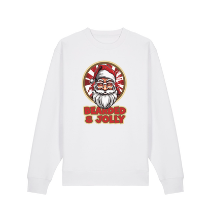 white christmas sweater with the graphic of santa and the slogan 'bearded and jolly'
